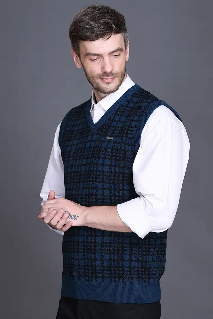 Teal Woolen V-Neck Sleeveless Half Sweater For Men