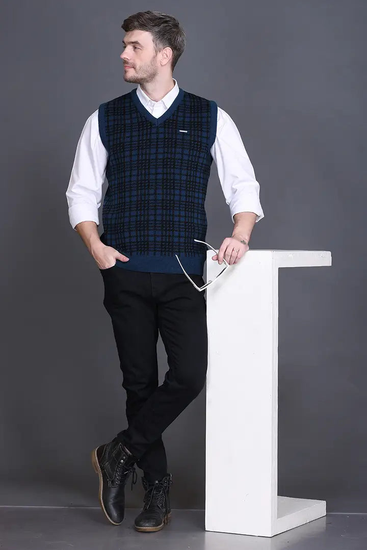 Teal Woolen V-Neck Sleeveless Half Sweater For Men