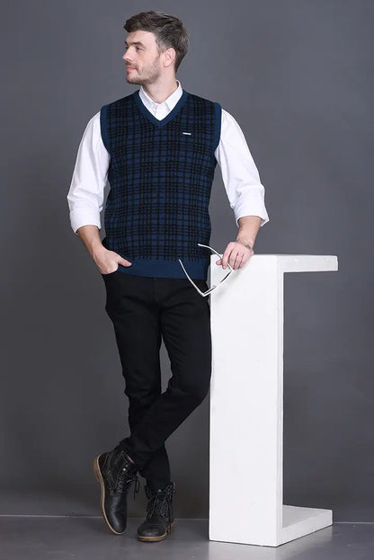 Teal Woolen V-Neck Sleeveless Half Sweater For Men