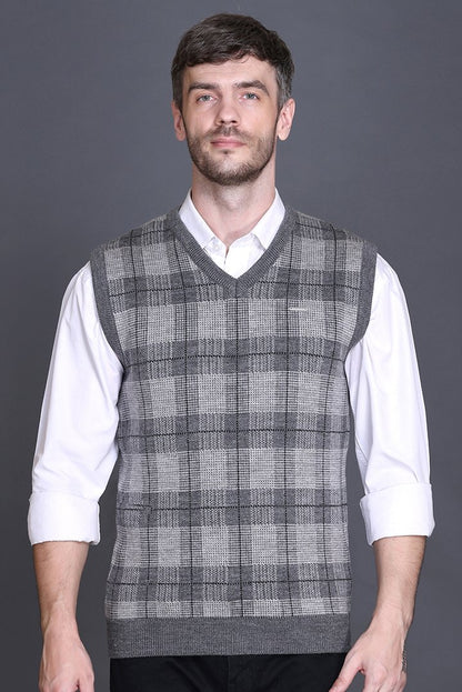 Light Grey Woolen V-Neck Sleeveless Half Sweater For Men