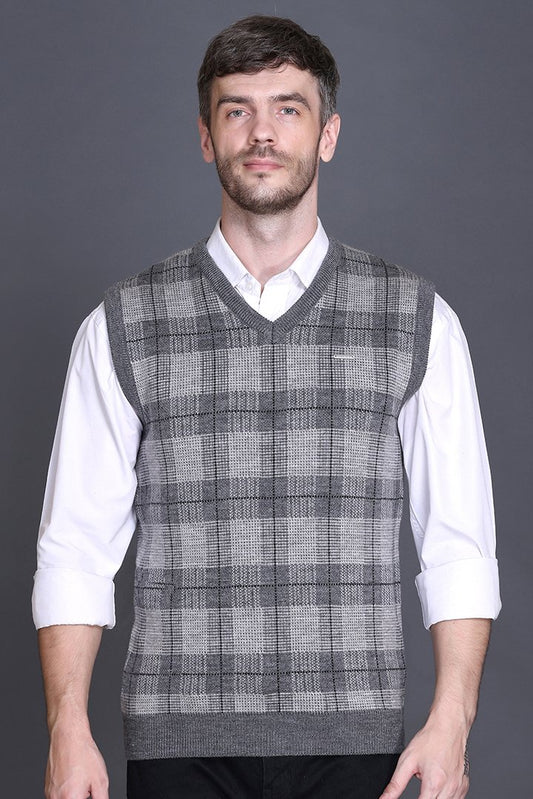 Light Grey Woolen V-Neck Sleeveless Half Sweater For Men