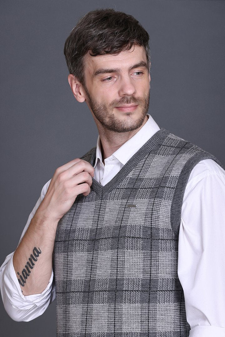 Light Grey Woolen V-Neck Sleeveless Half Sweater For Men