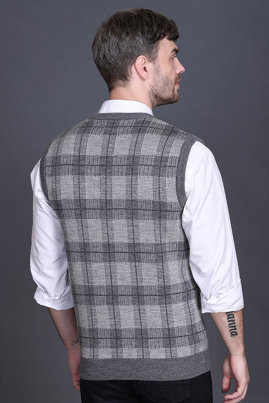 Light Grey Woolen V-Neck Sleeveless Half Sweater For Men