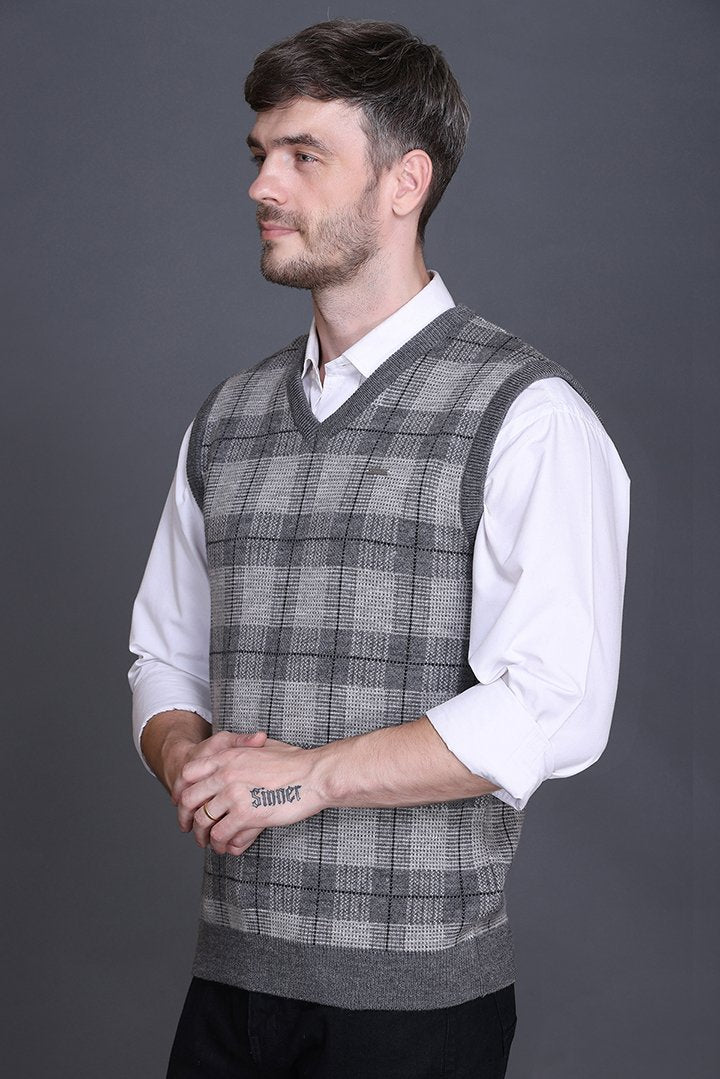 Light Grey Woolen V-Neck Sleeveless Half Sweater For Men