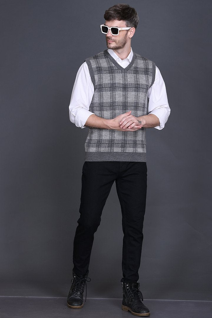 Light Grey Woolen V-Neck Sleeveless Half Sweater For Men