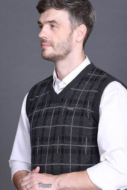 Charcoal Woolen V-Neck Sleeveless Half Sweater For Men
