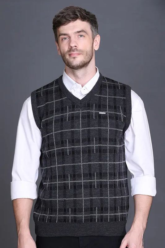 Charcoal Woolen V-Neck Sleeveless Half Sweater For Men