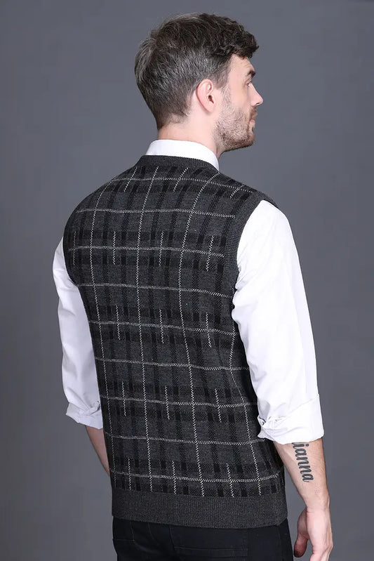 Charcoal Woolen V-Neck Sleeveless Half Sweater For Men