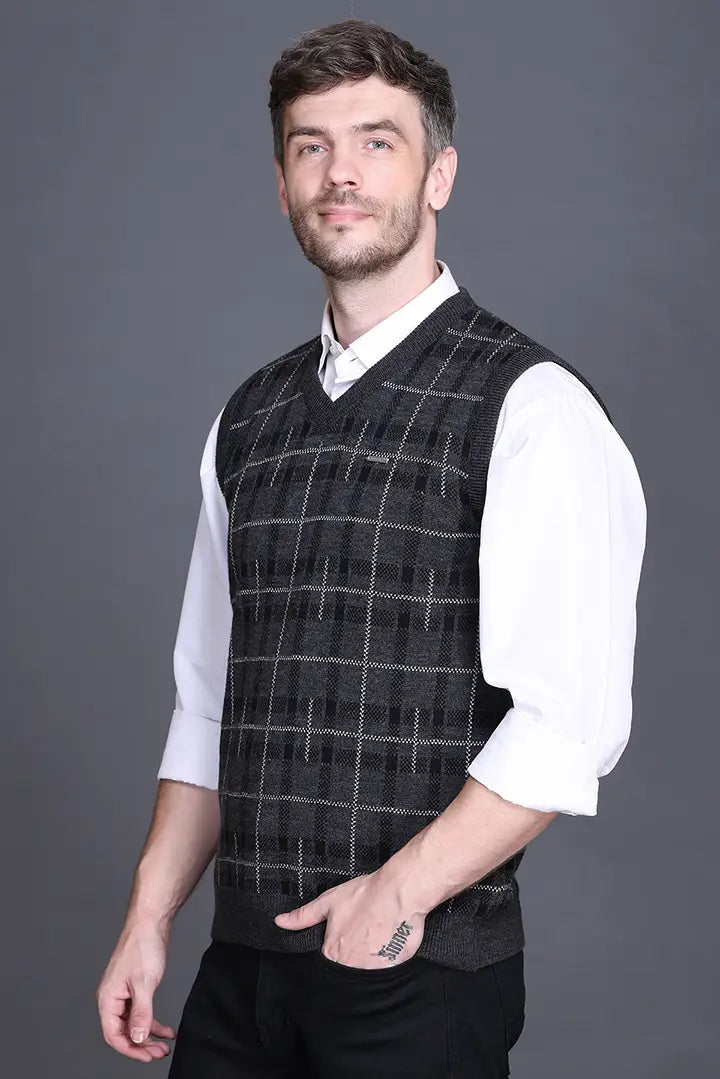 Charcoal Woolen V-Neck Sleeveless Half Sweater For Men