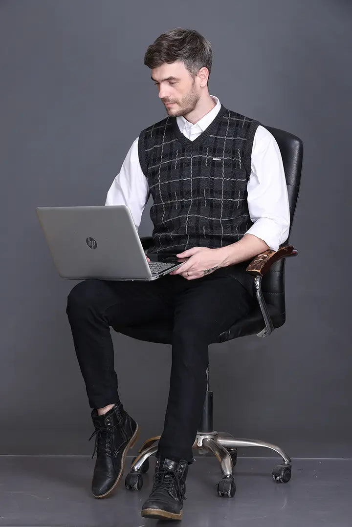 Charcoal Woolen V-Neck Sleeveless Half Sweater For Men