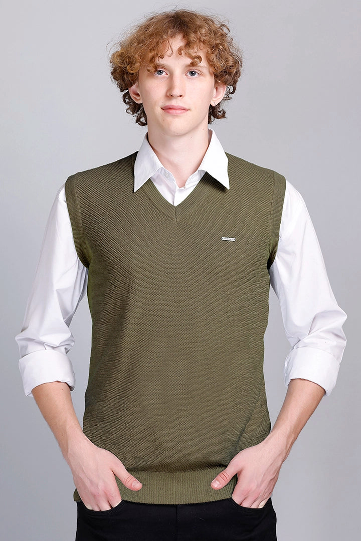 Olive V-Neck Sleeveless Sweater Vest Men