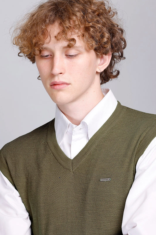 Olive V-Neck Sleeveless Sweater Vest Men