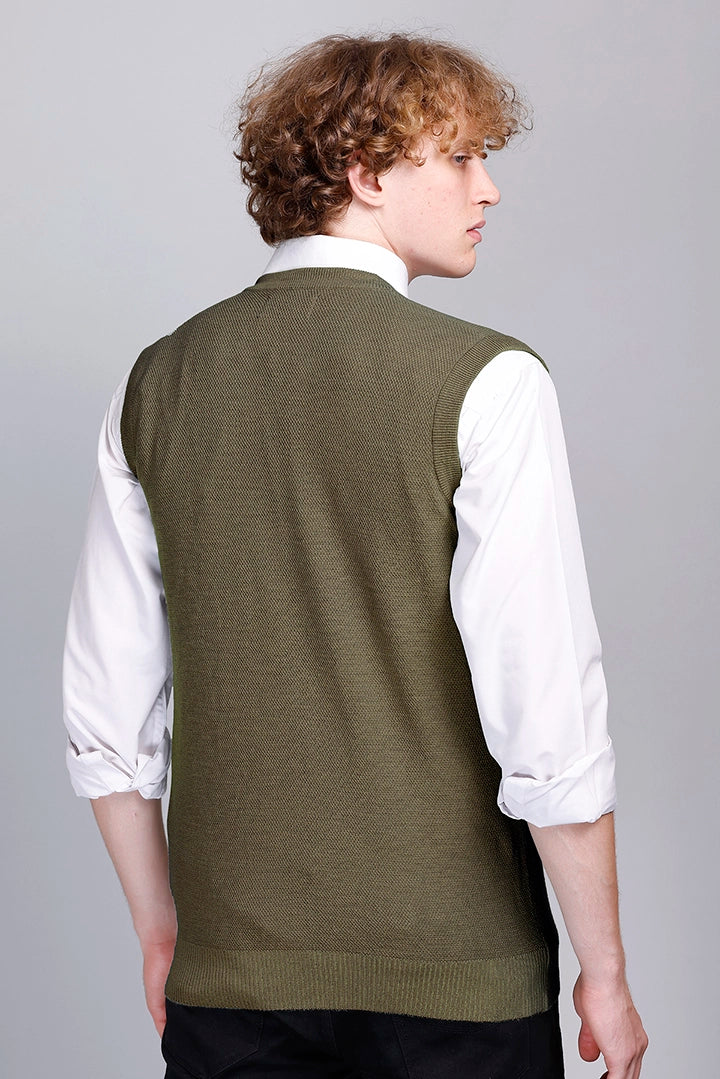 Olive V-Neck Sleeveless Sweater Vest Men