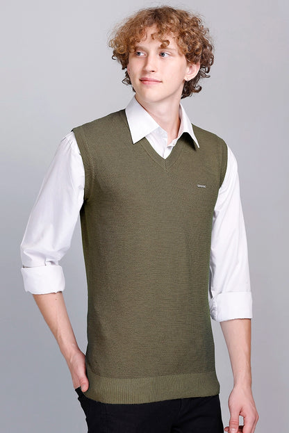 Olive V-Neck Sleeveless Sweater Vest Men