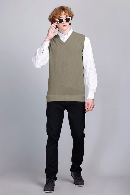 Olive V-Neck Sleeveless Sweater Vest Men