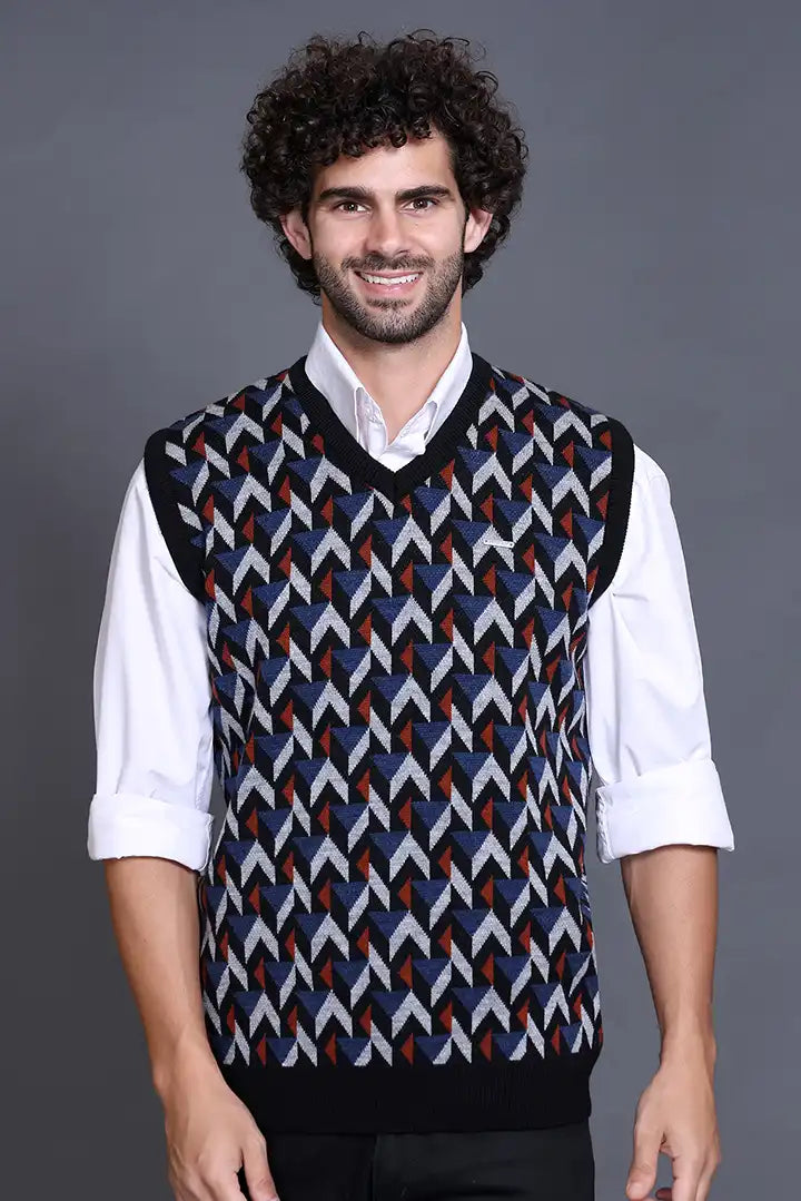 Black Denim V-Neck Sleeveless Half Sweater For Men