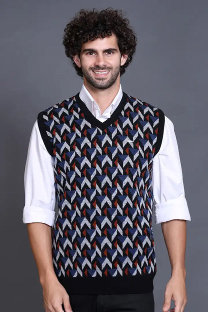 Black Denim V-Neck Sleeveless Half Sweater For Men