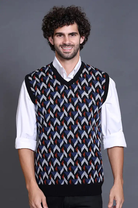 Black Denim V-Neck Sleeveless Half Sweater For Men