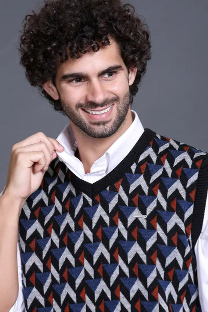 Black Denim V-Neck Sleeveless Half Sweater For Men