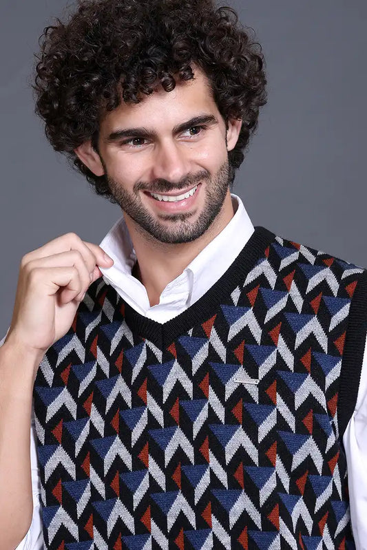 Black Denim V-Neck Sleeveless Half Sweater For Men