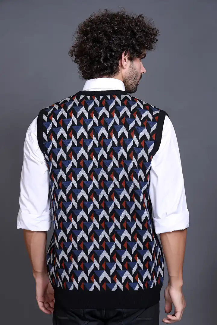 Black Denim V-Neck Sleeveless Half Sweater For Men