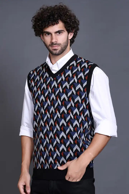 Black Denim V-Neck Sleeveless Half Sweater For Men