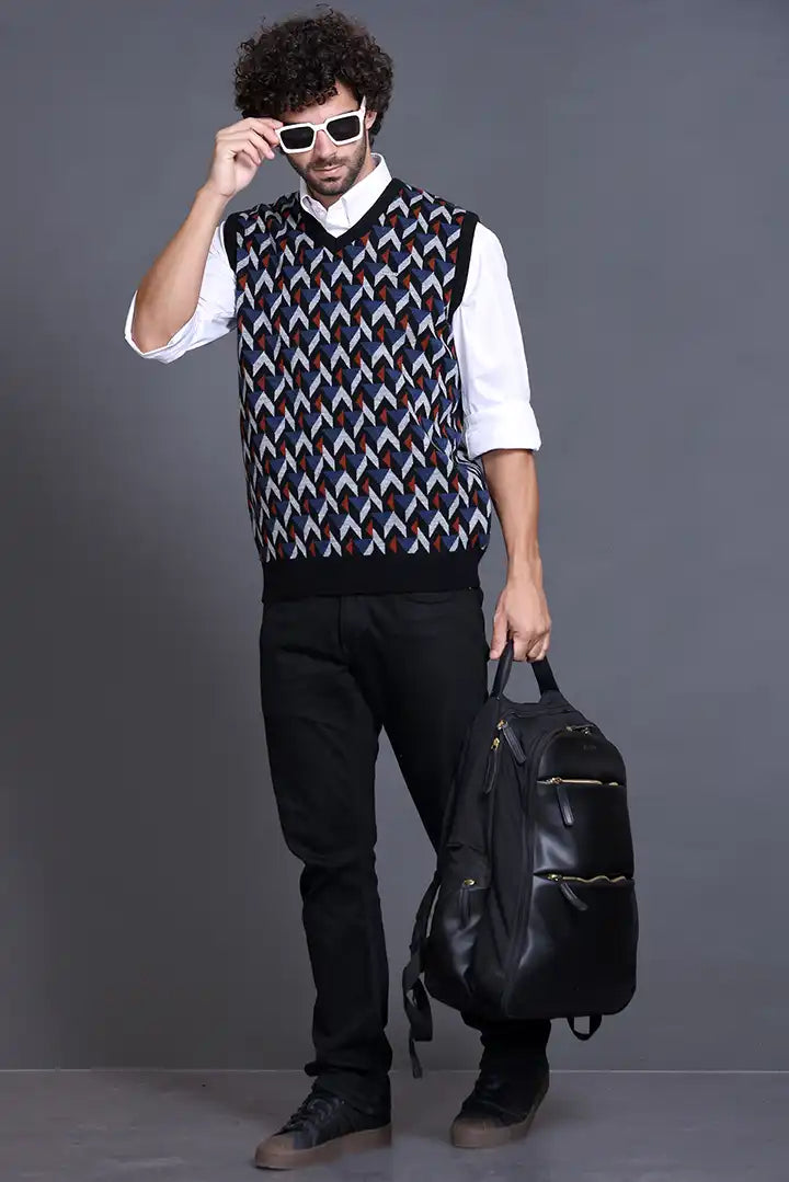 Black Denim V-Neck Sleeveless Half Sweater For Men