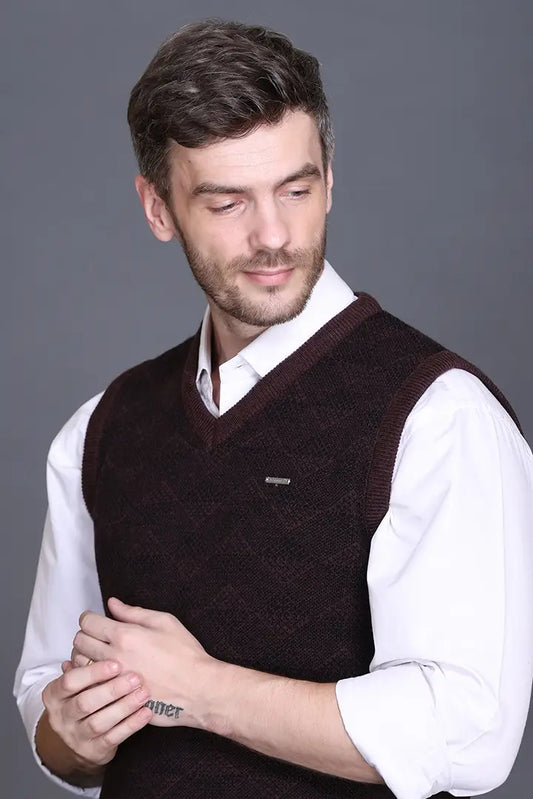 Coffee Black V-Neck Sleeveless Half Sweater For Men