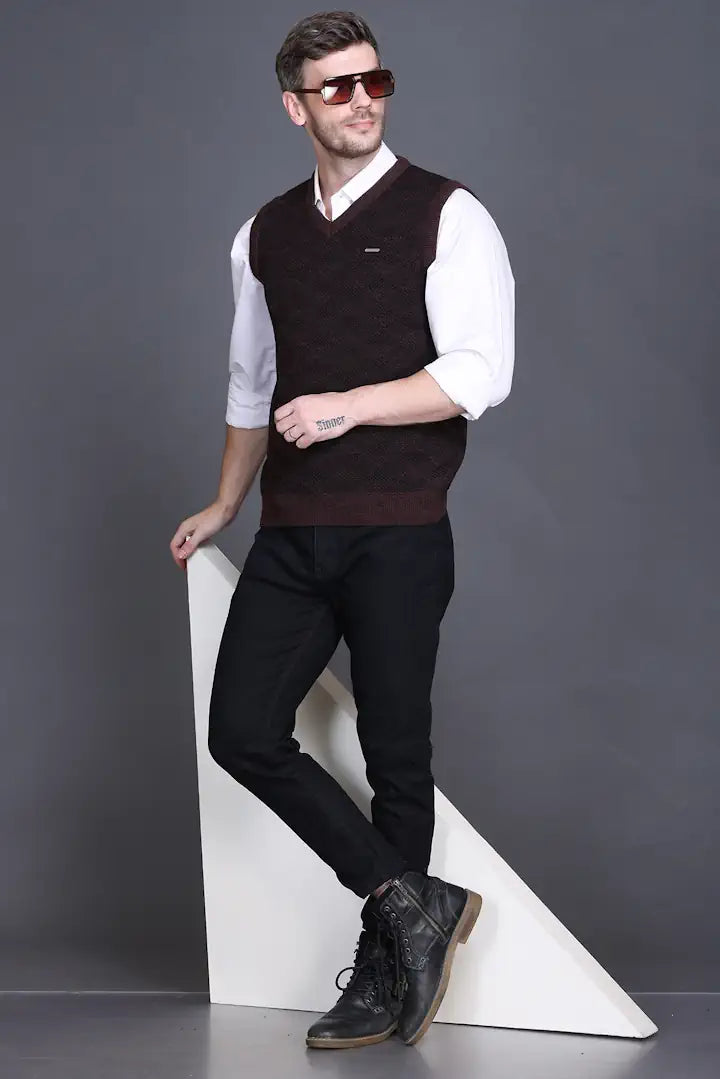 Coffee Black V-Neck Sleeveless Half Sweater For Men