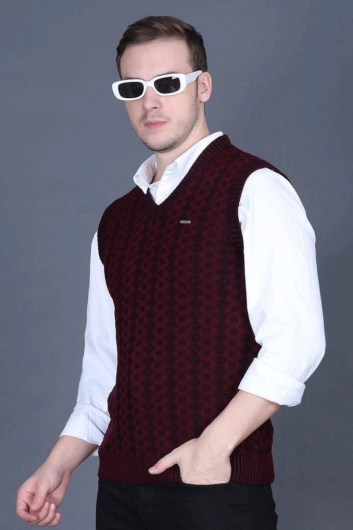Black Woolen V-Neck Sleeveless Half Sweater For Men