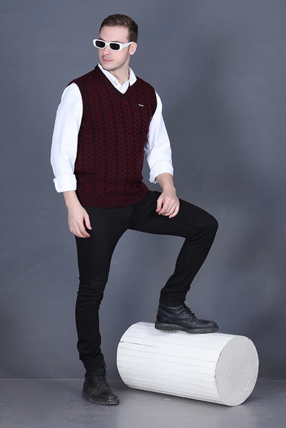 Black Woolen V-Neck Sleeveless Half Sweater For Men