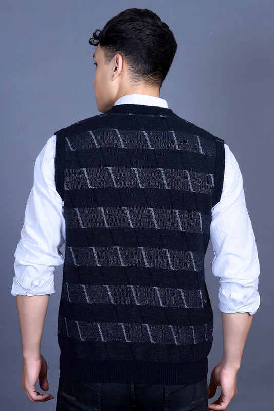 Navy V-Neck Sleeveless Half Sweater For Men
