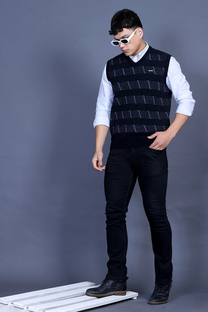 Navy V-Neck Sleeveless Half Sweater For Men