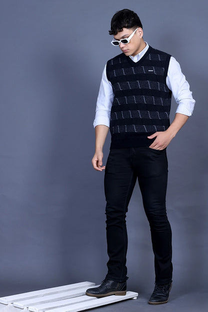 Navy V-Neck Sleeveless Half Sweater For Men