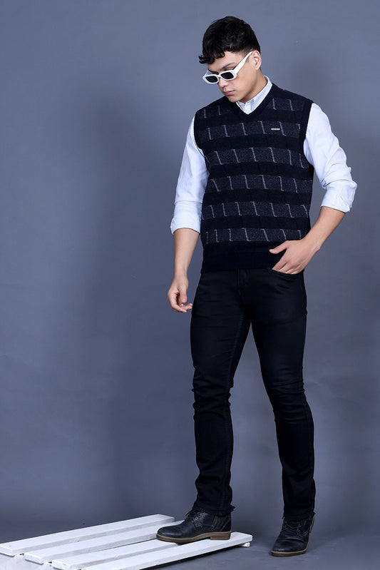 Navy V-Neck Sleeveless Half Sweater For Men
