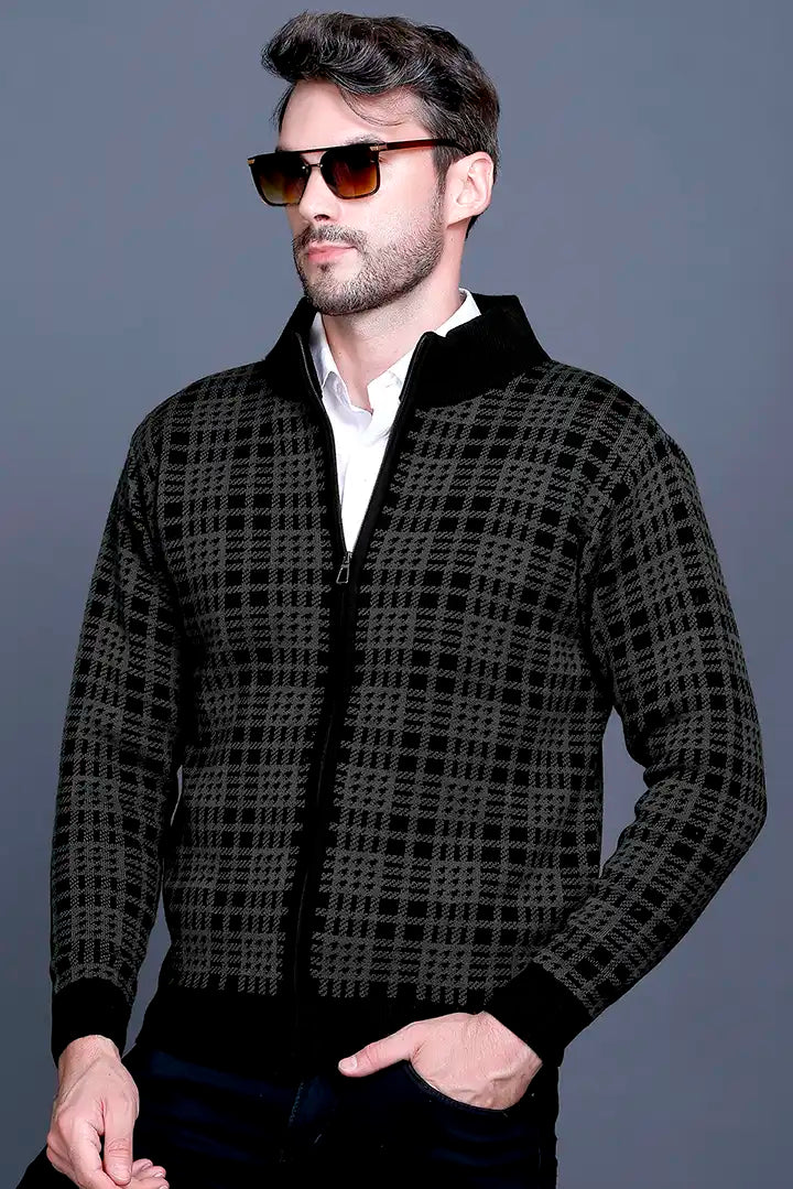 Charcoal Black Woolen Mens Zip Sweater Full Sleeve
