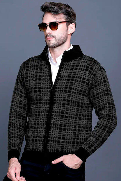 Charcoal Black Woolen Mens Zip Sweater Full Sleeve