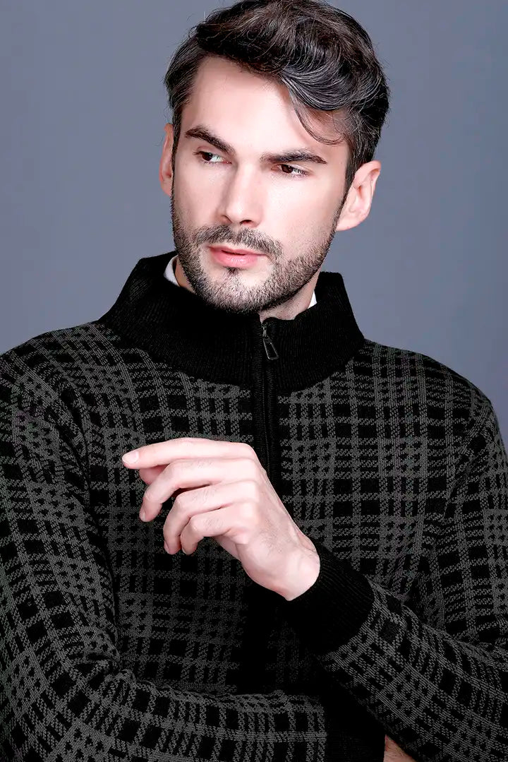 Charcoal Black Woolen Mens Zip Sweater Full Sleeve