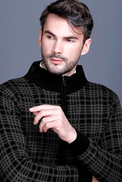 Charcoal Black Woolen Mens Zip Sweater Full Sleeve