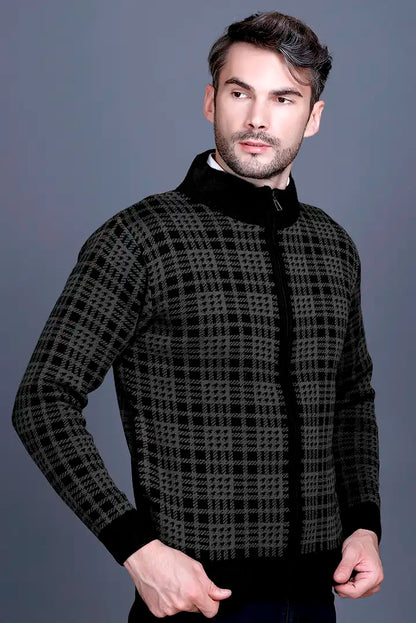 Charcoal Black Woolen Mens Zip Sweater Full Sleeve