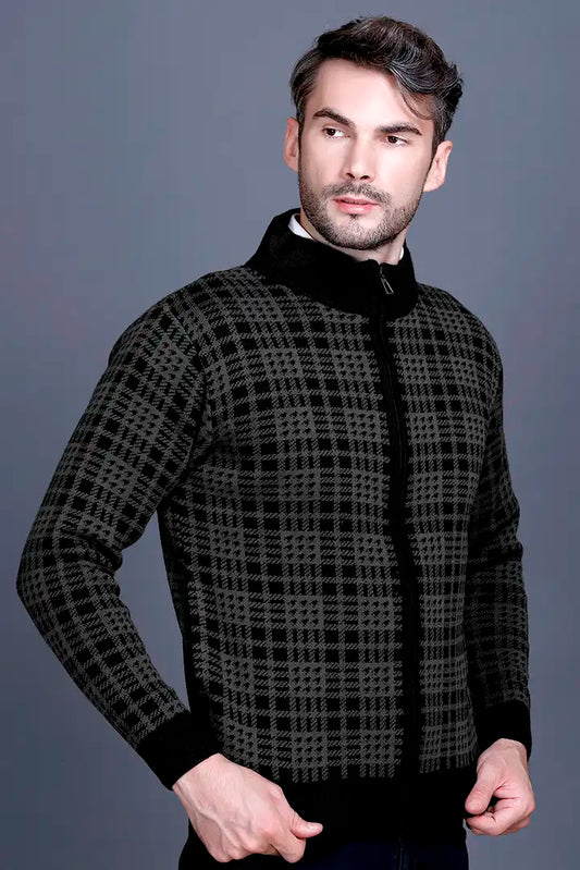 Charcoal Black Woolen Mens Zip Sweater Full Sleeve