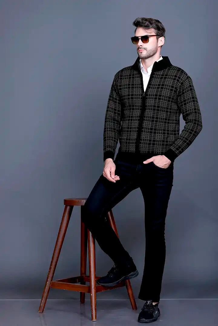 Charcoal Black Woolen Mens Zip Sweater Full Sleeve