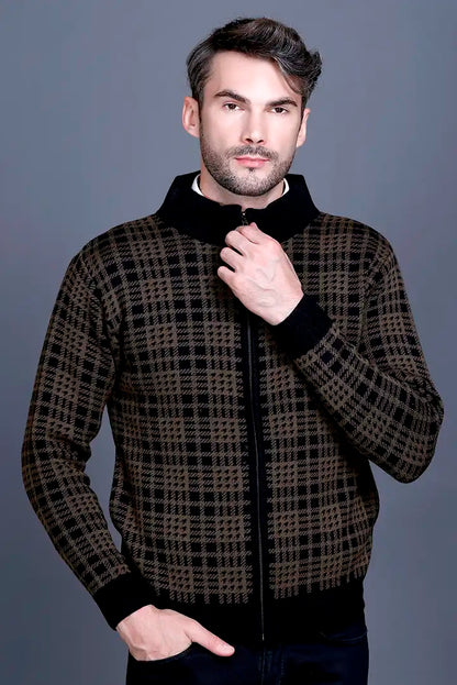 Military Brown Black Woolen Mens Zip Sweater Full Sleeve