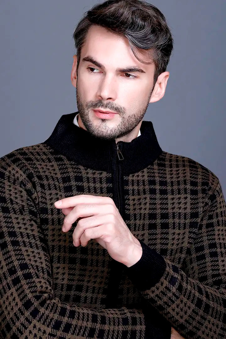 Military Brown Black Woolen Mens Zip Sweater Full Sleeve