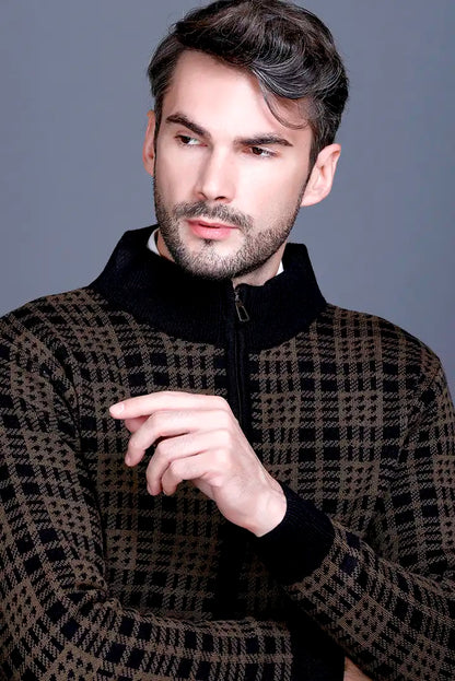 Military Brown Black Woolen Mens Zip Sweater Full Sleeve
