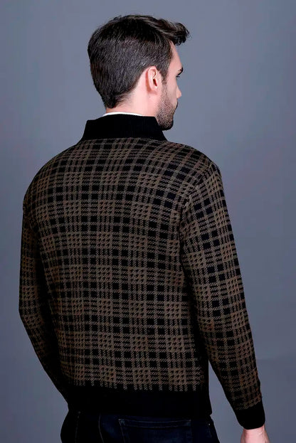 Military Brown Black Woolen Mens Zip Sweater Full Sleeve