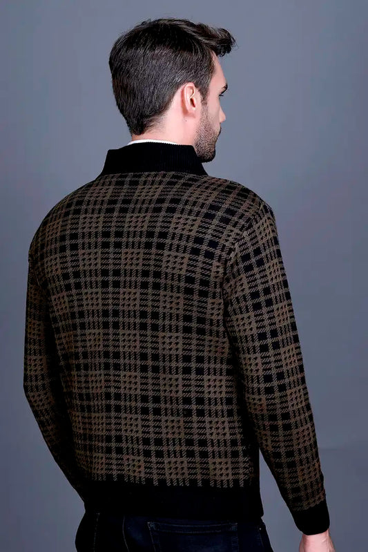 Military Brown Black Woolen Mens Zip Sweater Full Sleeve