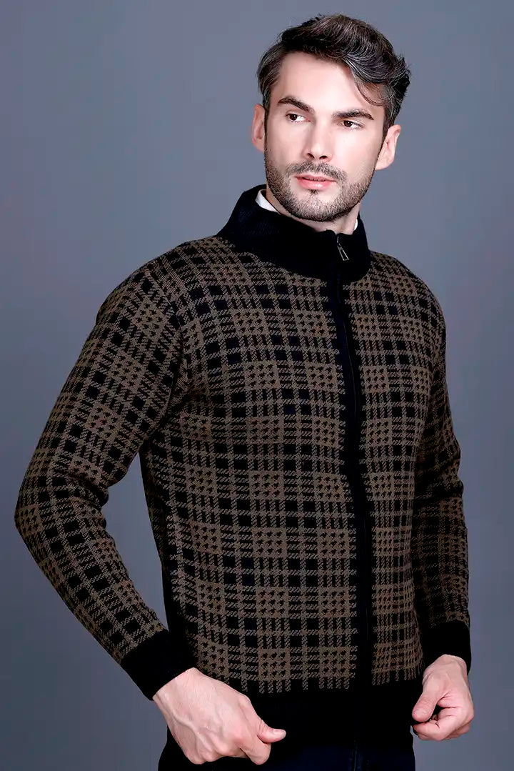 Military Brown Black Woolen Mens Zip Sweater Full Sleeve
