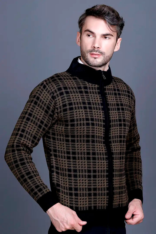 Military Brown Black Woolen Mens Zip Sweater Full Sleeve