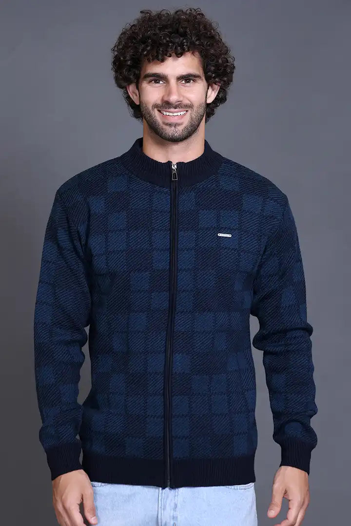 Navy Woolen Mens Zip Sweater Full Sleeve